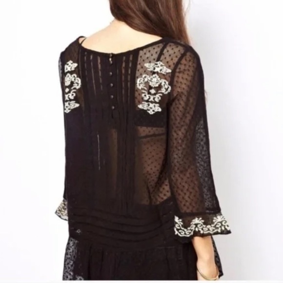 Free People Women's Black Jocelyn Pleated Dot Ruffle Lace Tunic Size Small - Picture 16 of 16